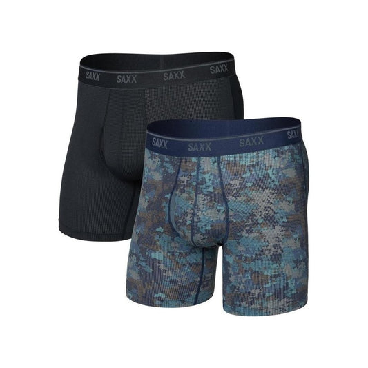 Two SAXX Quest Quick-Dry Mesh Boxer Briefs in Charcoal/Graphite and Harvest Stripe/Martime are displayed against a white background.