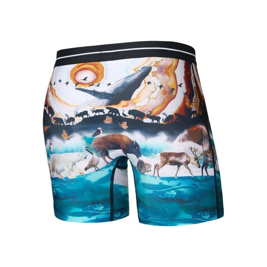 Side view of the SAXX Volt Breathable Mesh Boxer Brief - 6" showing the GreatMigrationM print with animals and ocean scene against a white background.