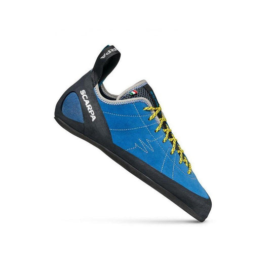 A side view of the Scarpa Helix in Hyper Blue with yellow laces against a white background.