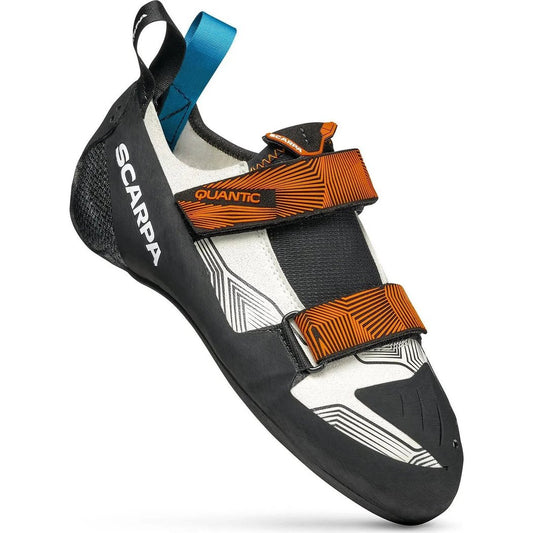 A side view of the Scarpa Men's Quantic climbing shoe in Dusty Grey/Mango with two orange straps against a white background.