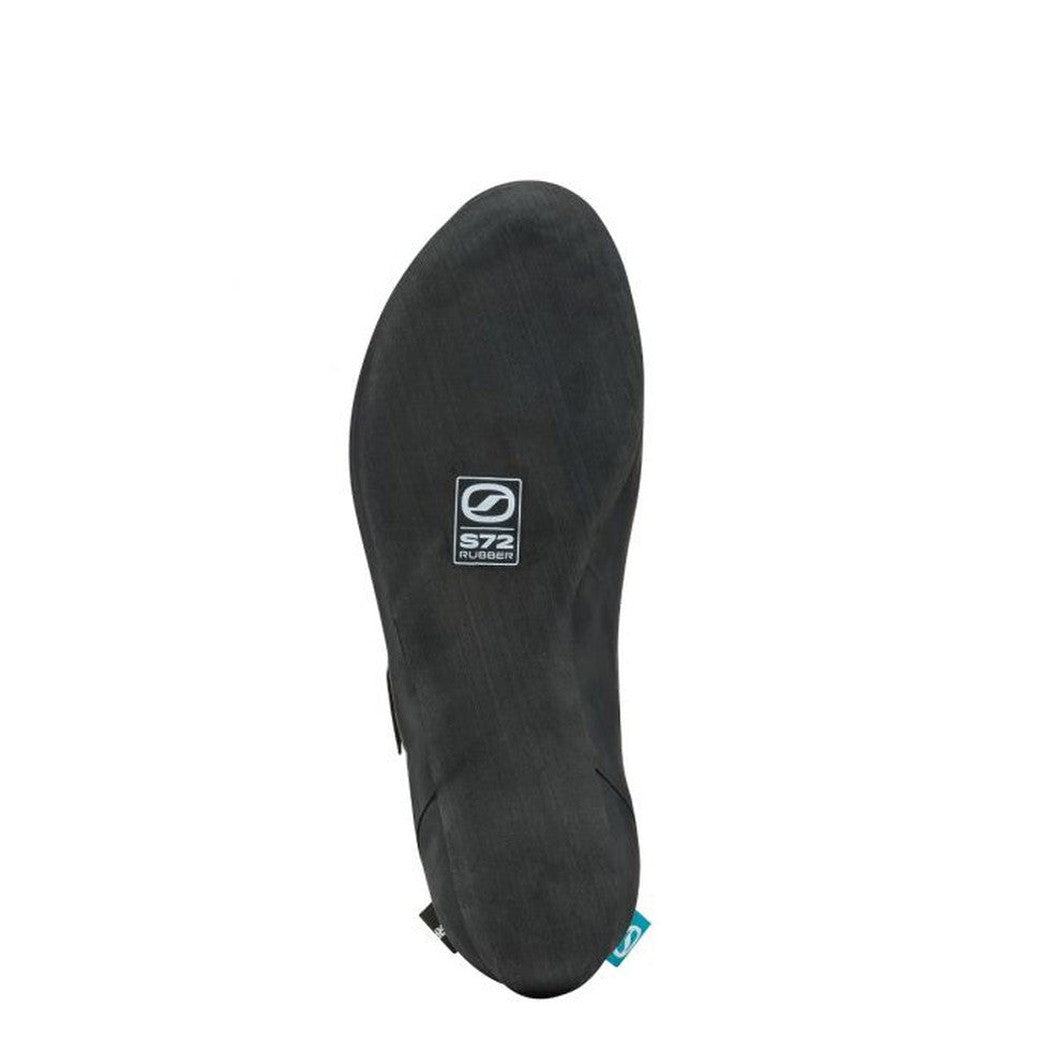 The Scarpa Origin VS climbing shoe in Petrol/Lime is shown from the bottom with its logo visible against a white background.