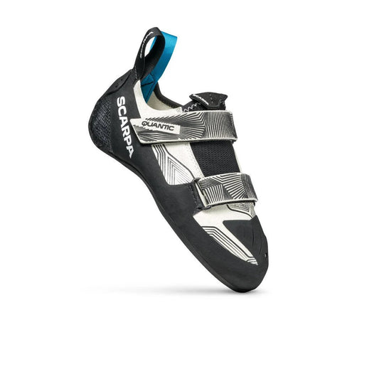 A side view of the Scarpa Women's Quantic climbing shoe in Dust Grey/Black with two straps and a blue pull tab against a white background.