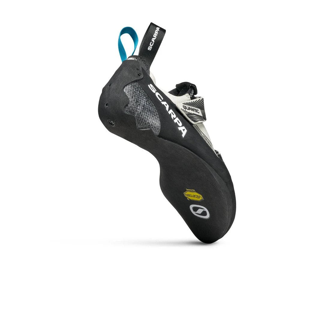 A side view of the Scarpa Women's Quantic climbing shoe in Dust Grey/Black against a white background.