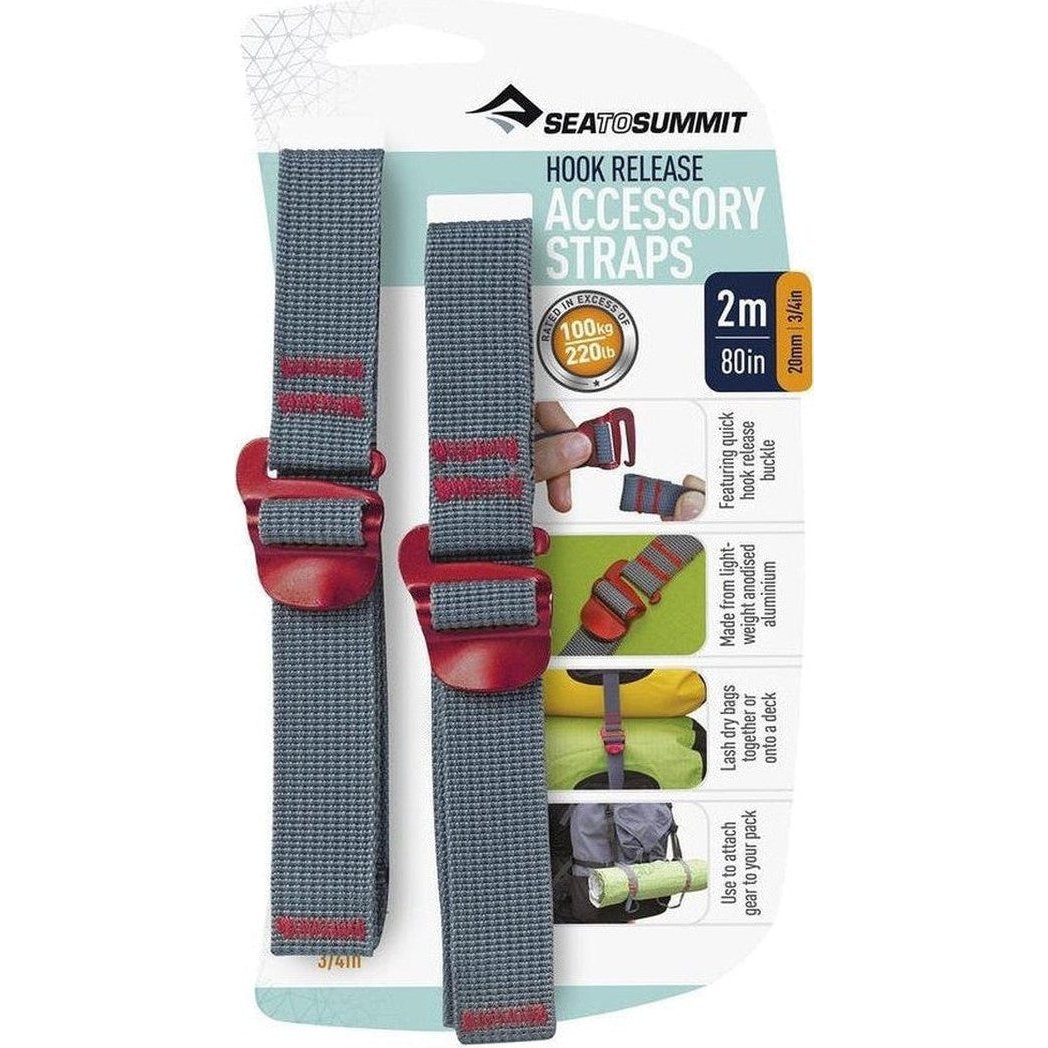 Side view of Sea To Summit Accessory Straps with Hook Release in 10mm charcoal/graphite showing the red buckles and packaging.