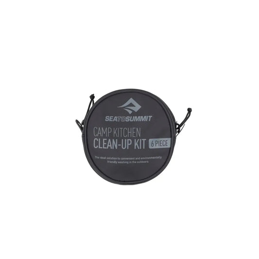 A round Sea To Summit Camp Kitchen Clean Up Kit in charcoal/gray with two black straps on either side against a white background.