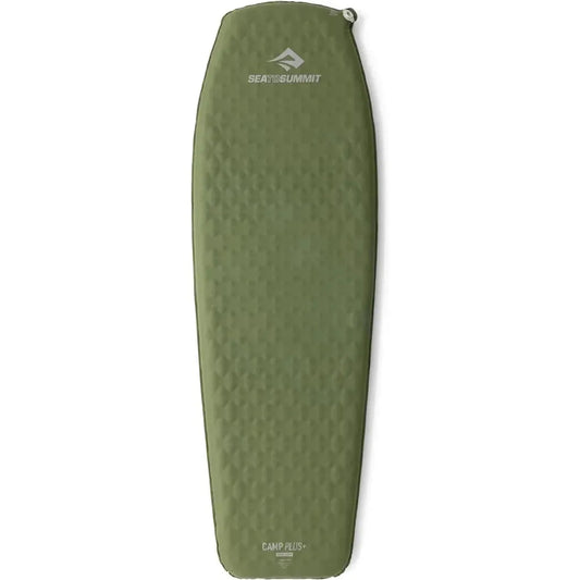 A side view of the Sea To Summit Camp Plus Self Inflating Mat in Regular Olive showing the textured surface against a white background.