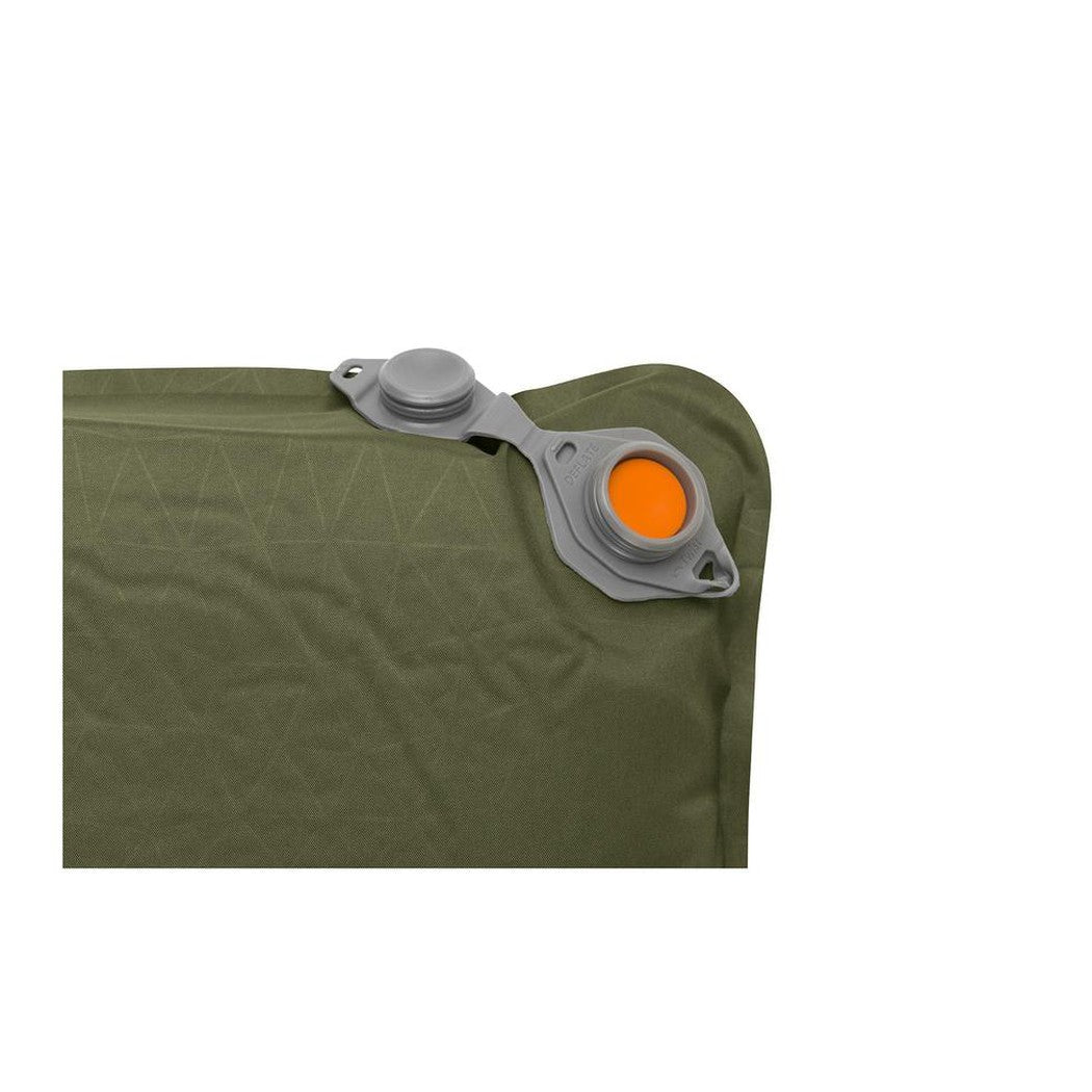 A close-up of the Sea To Summit Camp Plus Self-Inflating Sleeping Mat showing the valve and green fabric against a white background.