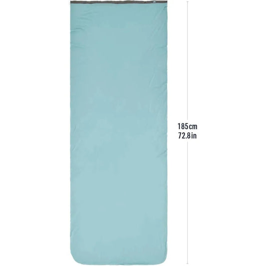 Rectangular Sea To Summit Comfort Blend Sleeping Bag Liner in light blue showing its length against a white background.