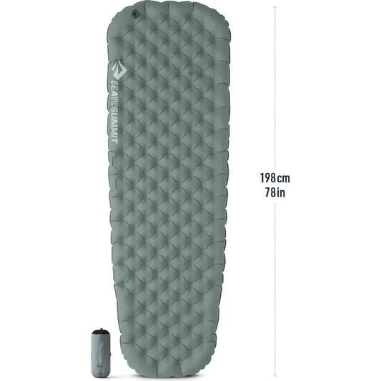 Side view of the Sea To Summit Ether Light XR Insulated ASC Mat in Regular color showing the quilted design and compact size next to its stuff sack.