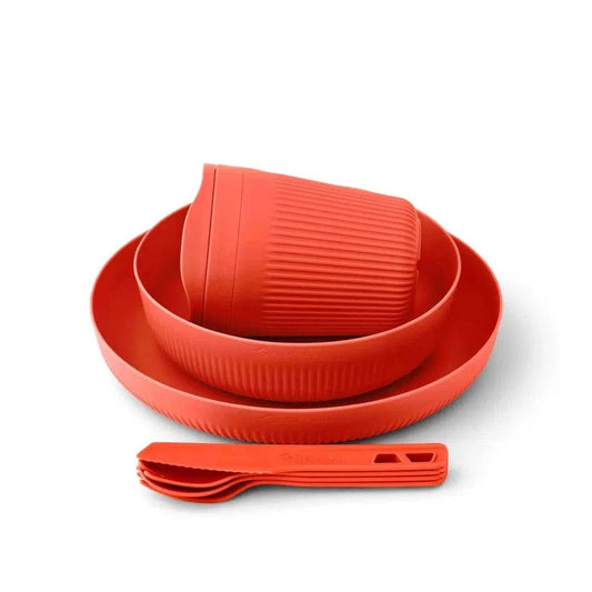 Spicy Orange Sea To Summit Passage 7 Piece 1 Person Camping Dinnerware Set shown from above on a white background.