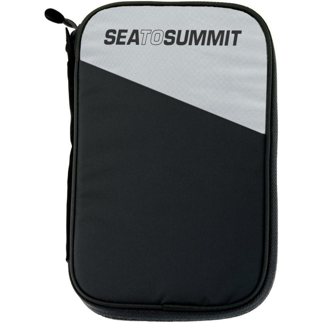 A front view of the Sea To Summit RFID Travel Wallet in High Rise Grey with a black lower half and a grey upper half.