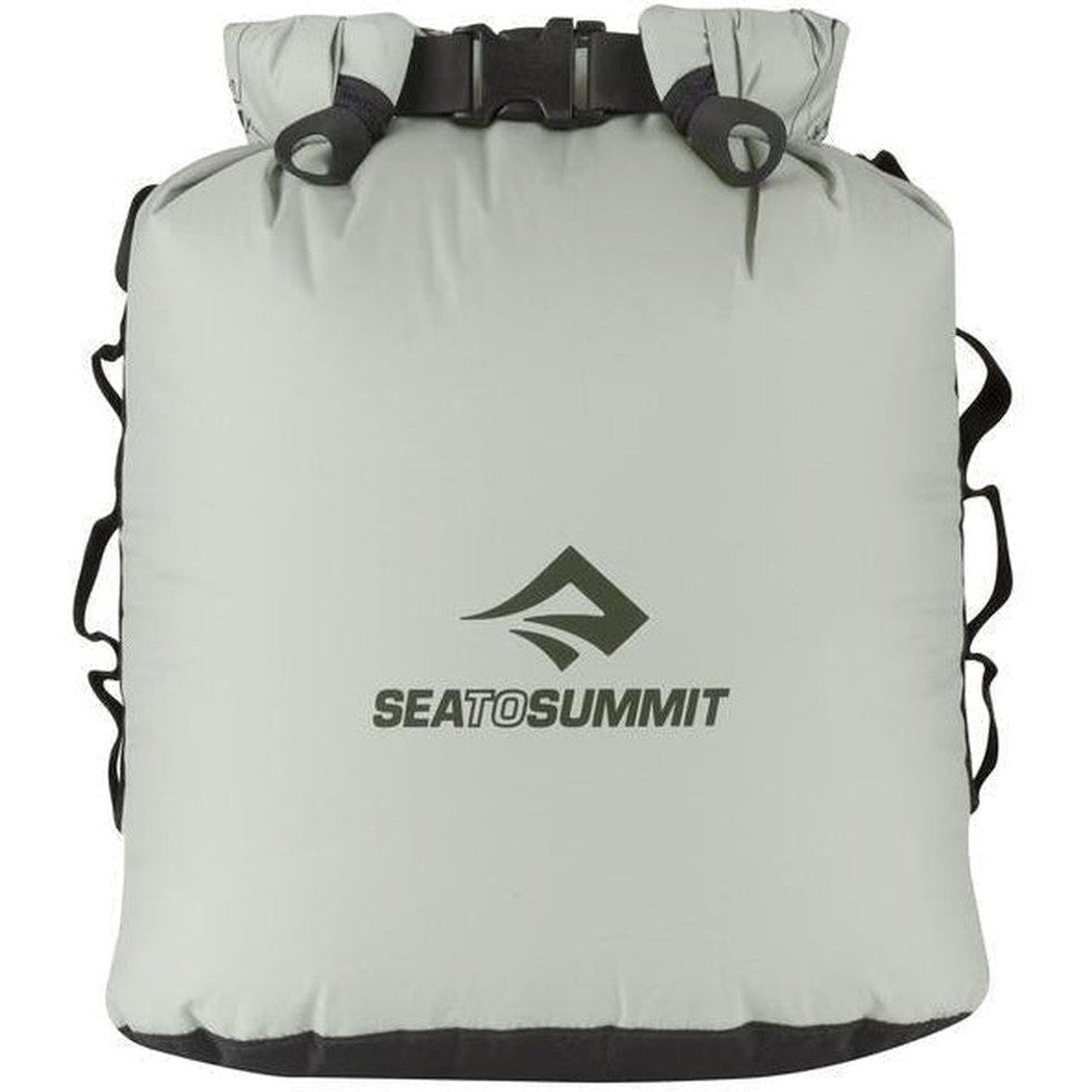 A grey Sea To Summit Trash Dry Sack 10L with a black buckle and straps, photographed from front against a white background.