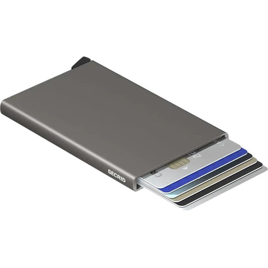 Side view of the SECRID Card Protector in Black showing the cards inside against a white background.