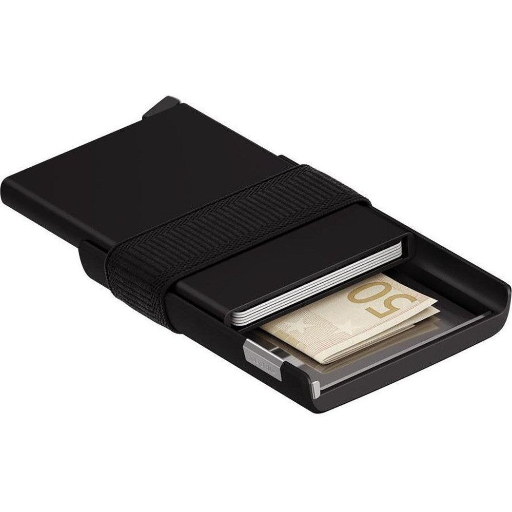 Side view of the SECRID Cardslide Wallet in Black showing the elastic closure and a 50 euro bill inside against a white background.