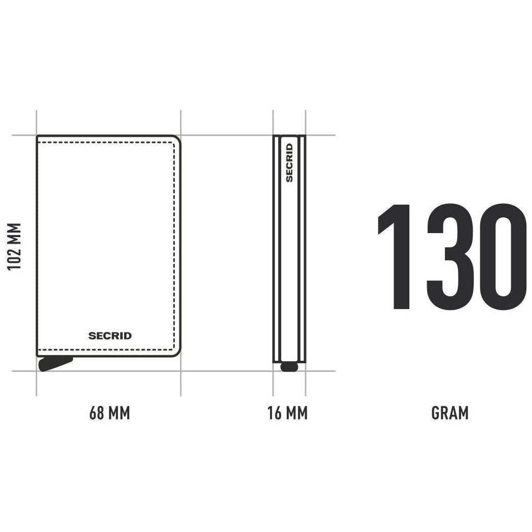 Side view of the SECRID Slim Wallet - Emboss Lines showing dimensions and 130 gram weight against a white background.