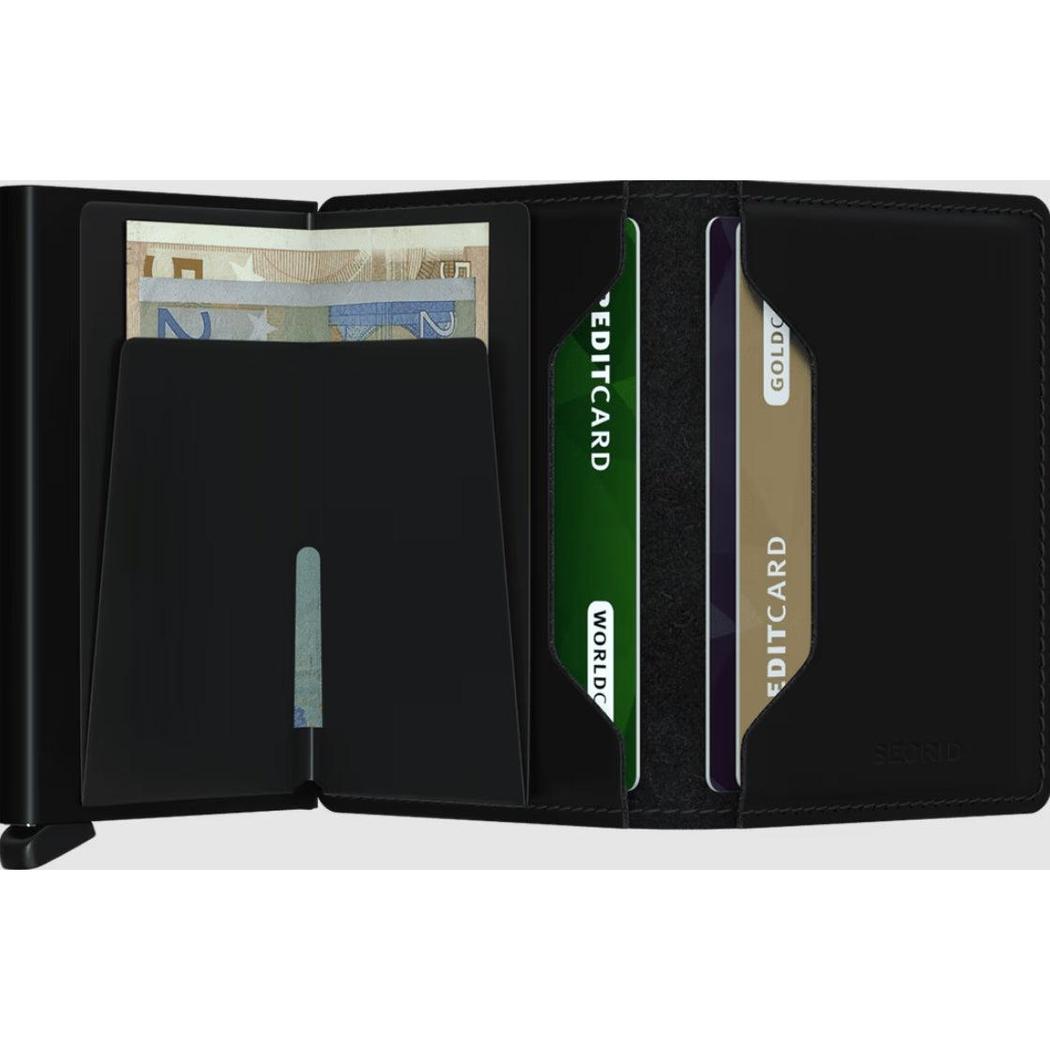 A black SECRID Slim Wallet - Matte open to show card slots and a cash pocket.