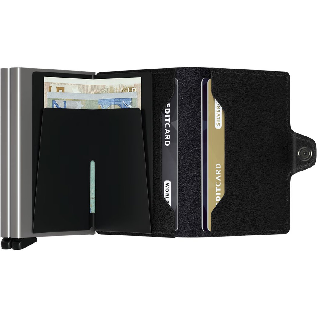 A black SECRID Twin Wallet - Original open to show cards and cash in a side view.