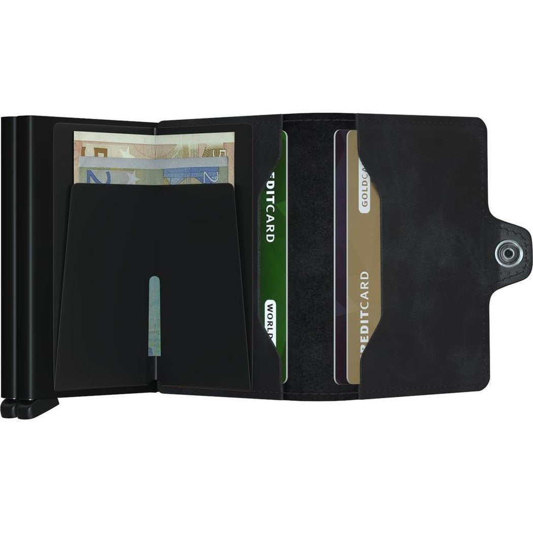 A black SECRID Twin Wallet - Vintage open to show cards and cash inside.