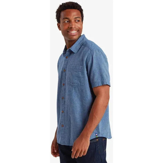Side view of the Sherpa Adventure Gear Men's Habba Short Sleeve Shirt in Seaport showing the chest pocket and white background.