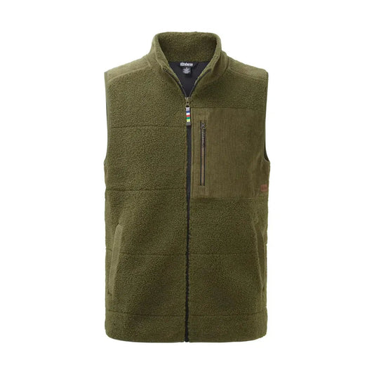 The Sherpa Adventure Gear Men's Rangeil Vest in Evergreen is shown from the front with a zippered chest pocket and a black inner collar, photographed against a white background.