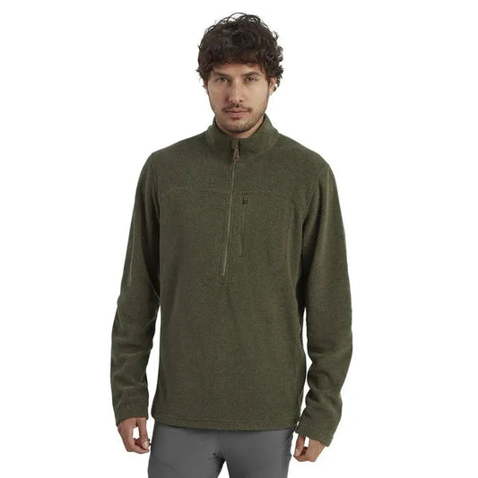 A front view of the Sherpa Adventure Gear Men's Rolpa Eco 1/4 Zip in Cappuccino on a model against a white background.