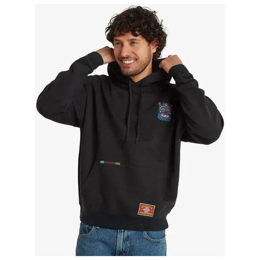 A front view of the Sherpa Adventure Gear Men's Tarcho Mask Hoodie in Black, showing the front pocket and a model wearing it against a white background.