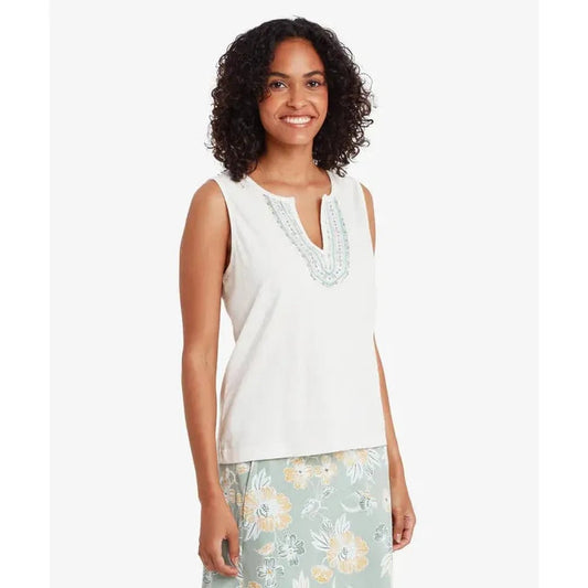 A front view of the Sherpa Adventure Gear Women's Kalindi Tank in Katha White on a model against a white background.