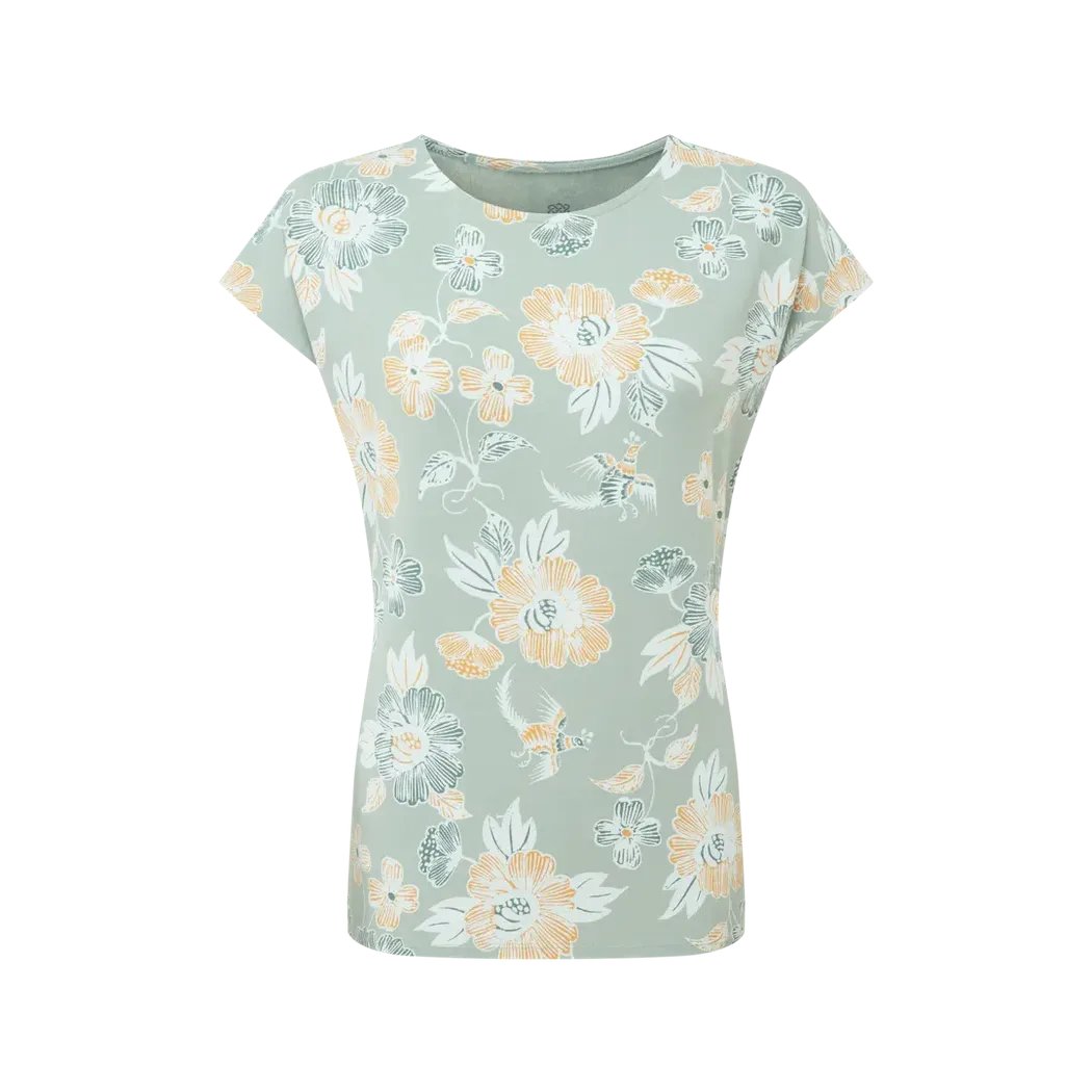A front view of the Sherpa Adventure Gear Women's Neha Tee in Celery Floral against a white background.