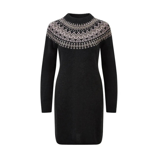 A front view of the Sherpa Adventure Gear Women's Pamu Dress in Black with a patterned yoke against a white background.