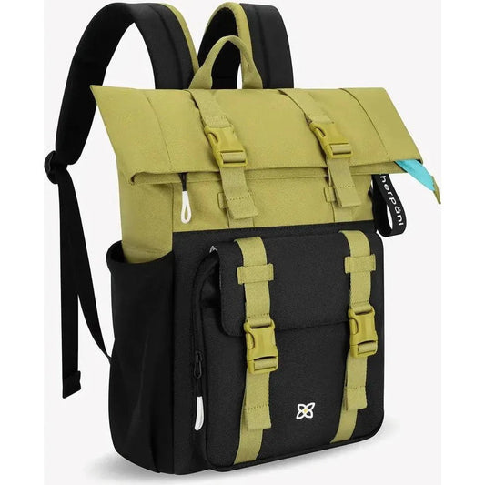 Back view of the Sherpani Sedona backpack in Alchemy color showing the front pocket straps and black side pocket against a white background.