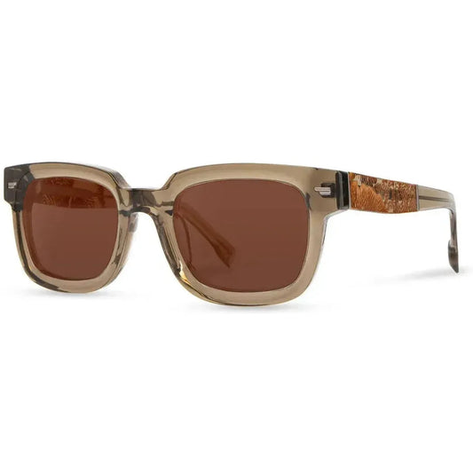 Side view of the Shwood Buxton sunglasses with Jaguar lenses and Elm Burl accents against a white background.