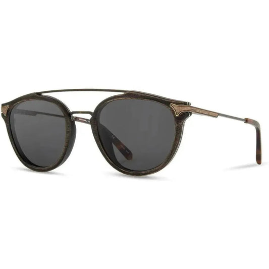 Side view of the Shwood Kinsrow sunglasses with dark lenses and a metal bridge against a white background.