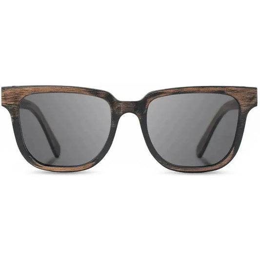 Front view of the Shwood Prescott sunglasses with Distressed Dark Walnut frames and gray lenses against a white background.