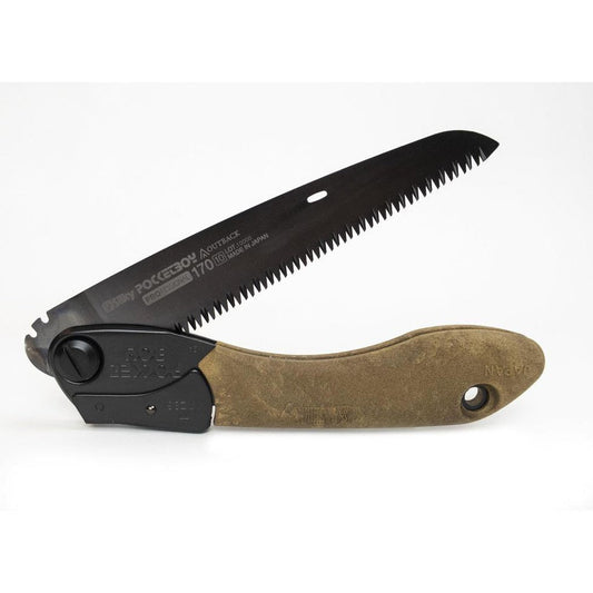 A side view of the Silky POCKETBOY Professional 170mm Outback Edition saw with a brown handle and black blade against a white background.