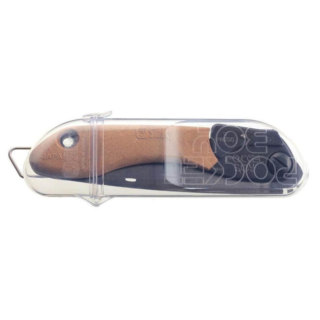 A side view of the Silky POCKETBOY Professional 170mm Outback Edition in a clear plastic case against a white background.