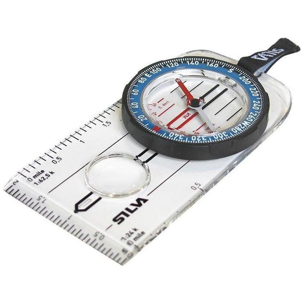 A top-down view of the Silva Explorer 2.0 Compass with a clear base and black bezel, showing the directional dial and measurement markings.