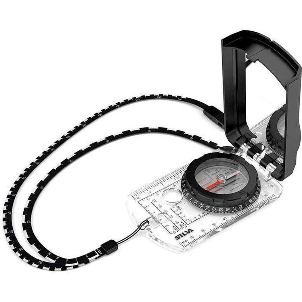 A top-down view of the Silva Ranger 2.0 Quad Compass with a clear baseplate and black frame, showing the compass dial and attached lanyard against a white background.