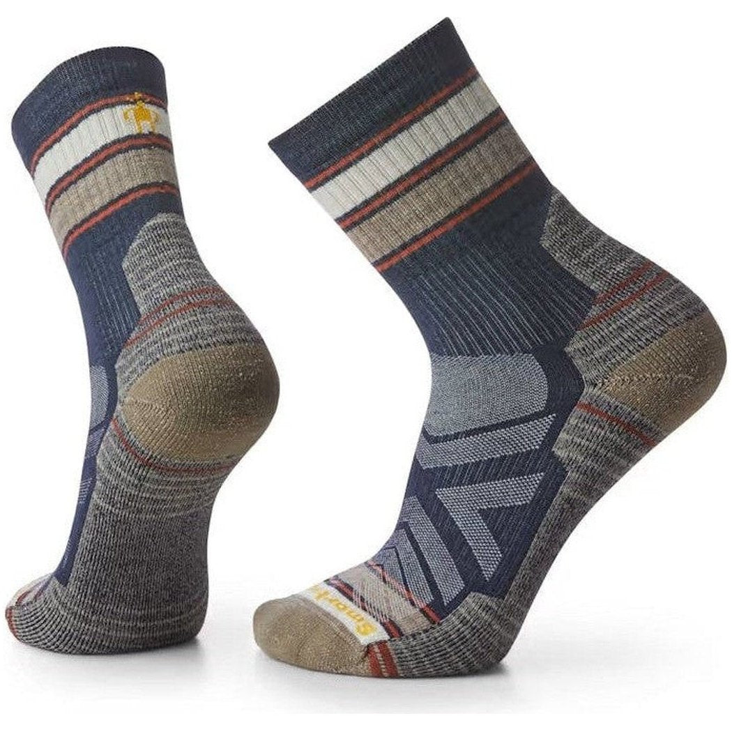 Side view of the Smartwool Hike Light Cushion Striped Mid Crew Socks in Navy showing the striped pattern and cushioned heel against a white background.
