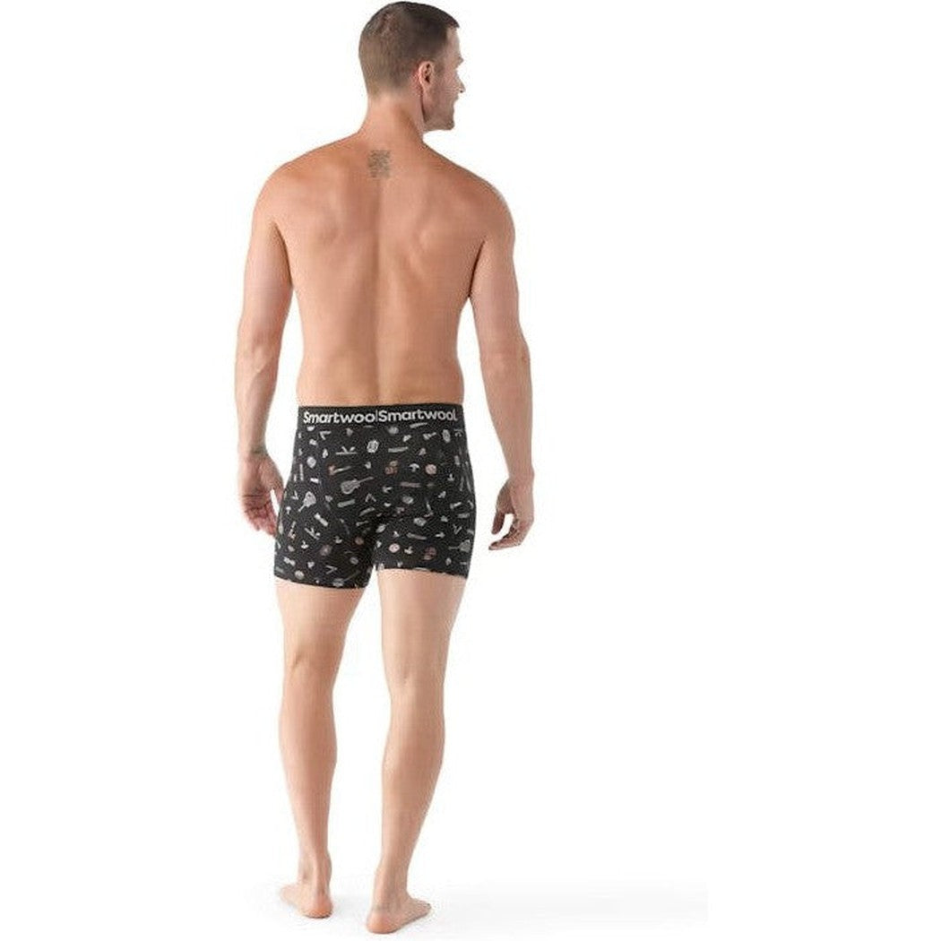 Back view of a shirtless man wearing Smartwool Men's Merino Print Boxer Brief Boxed in BlackGoneCampin against a white background.