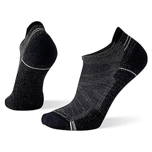 Side view of the Smartwool Performance Hike Light Cushion Low Ankle socks in Charcoal showing the heel and toe cushioning against a white background.