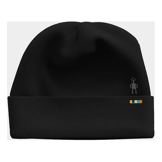 A front view of the Smartwool Thermal Merino Reversible Cuffed Beanie in Black showing the logo and colorful tag on the cuff against a white background.