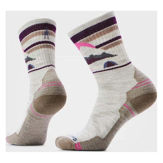 Side view of the Smartwool Women's Hike Light Cushion Mountain Moon Crew Socks in Purple Iris showing the pattern and cushioned heel against a white background.