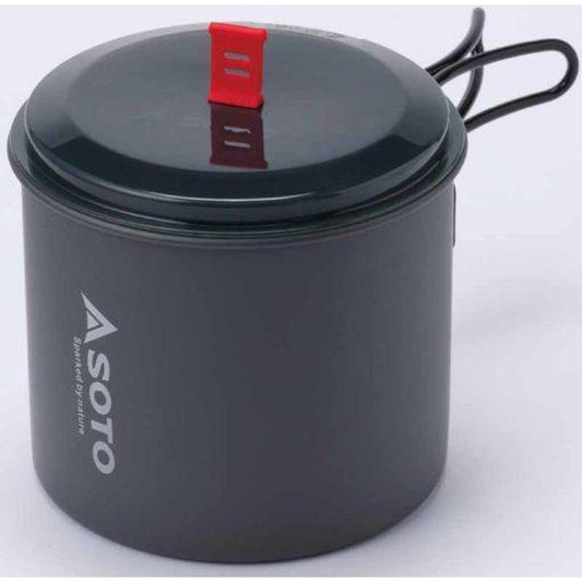 A charcoal Soto Outdoors New River Pot with a red lid latch and black power cord, photographed from the front against a white background.