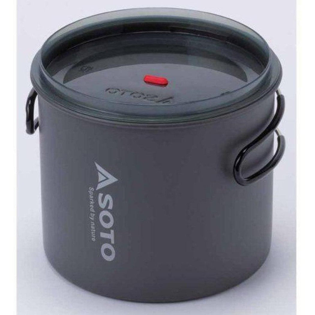 A charcoal Soto Outdoors New River Pot with a red latch on the lid, shown from a front angle against a white background.