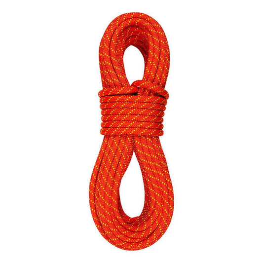 A coiled Sterling Rope 7/16" SuperStatic2 climbing rope in orange with yellow speckles against a white background.
