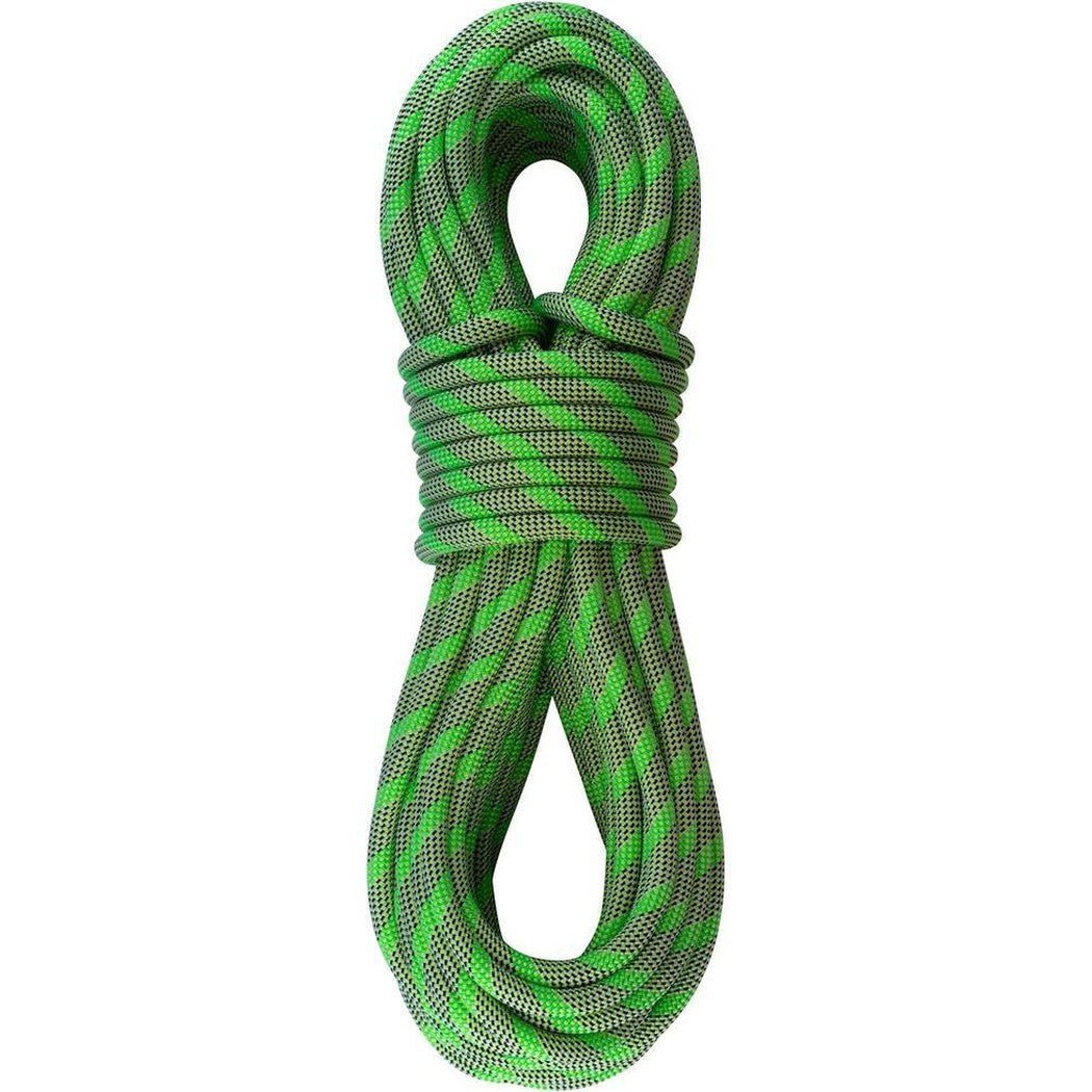 A coiled Sterling Rope Evolution VR9 9.8mm climbing rope in green against a white background.