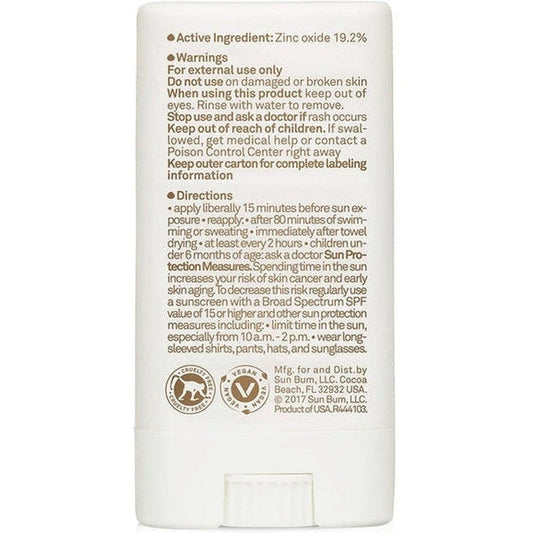 Back view of the Sun Bum Mineral SPF 50 Sunscreen Face Stick showing the active ingredient and directions text on a white background.