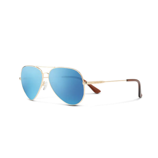 Side view of the Suncloud Hard Deck sunglasses with blue lenses and gold frames against a white background.