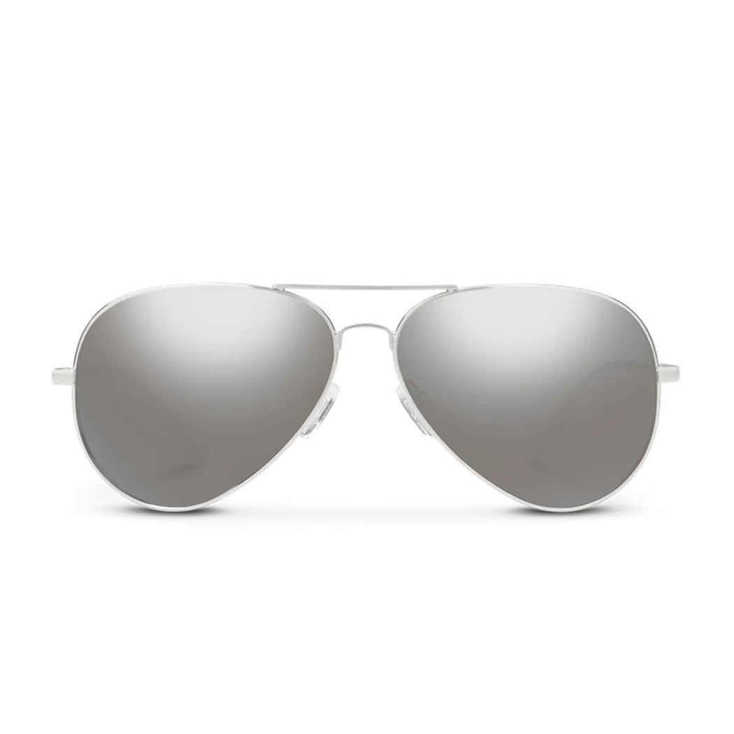 Front view of the Suncloud Hard Deck sunglasses in Gold with silver mirrored lenses against a white background.