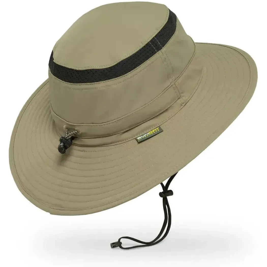 A side view of the Sunday Afternoons Cruiser Hat in Cream/Sand showing the chin strap and black band against a white background.